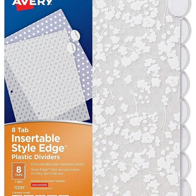 Avery Insertable Style Edge Plastic Dividers for 3 Ring Binders, 8-Tab Set, Assorted White Frosted Designs, 1 Set (11291)
