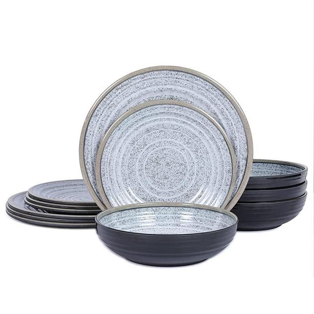 Melamine Dinnerware Sets 12 PCS - Service for 4 Plates & Bowls Sets Dishwasher Top-Shelf Safe, BPA Free Dinner Dishes Set for Everyday Use-Granite Pattern Black Back