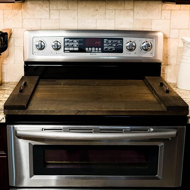 RELODECOR Farmhouse Noodle Board Stove Cover Wood, Rustic Electric Gas Stove Top Cover, Farmhouse Stove Top Cover with Handles (Brown Stained Pine)