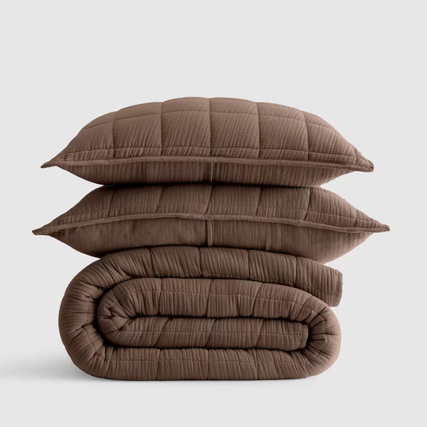 Organic Airy Gauze Box Quilt Set - Chocolate, Full/Queen