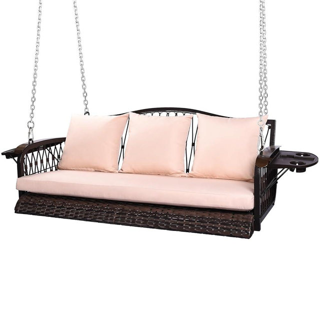 ZZW Wicker Porch Swing Heavy Duty 900 LBS 3-Seat Outdoor Patio Swing Chair with Cushions & 8.9ft Chains Outdoor Hanging Bench with Upgraded Cup Holders for Garden Deck Backyard