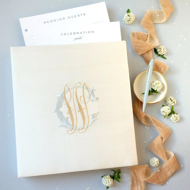 Wedding Guest Book Vintage Monogram Guestbook Embroidered Memory Book Elegant Scrapbook Wedding Dusty Blue Gold Gift Bride | Style Charlotte