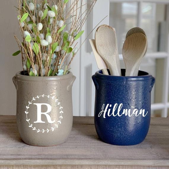 Personalized ceramic utensil holder, Custom Utensil crock vase