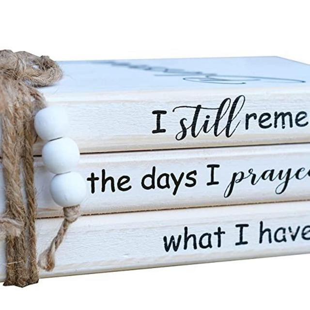 LIVDUCOT Wooden Decorative Books Stack for Coffee Table Faux Book Stack for Decoration I Still Remember the Days I Prayed Modern Farmhouse Decor White Book Decor for Shelf Fireplace Mantle 7.5x5x3'