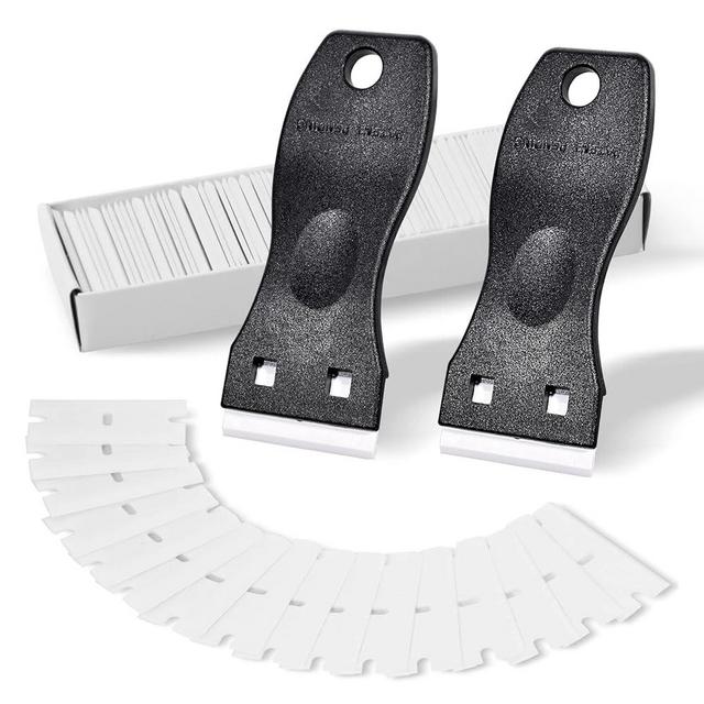 FOSHIO 2PCS Plastic Razor Blade Scraper Tool and 100PCS Plastic Blades for Gasket Remover, Sticker Remover, Labels Decal and Adhesive Remover for Windows and Glass (Dark Black)