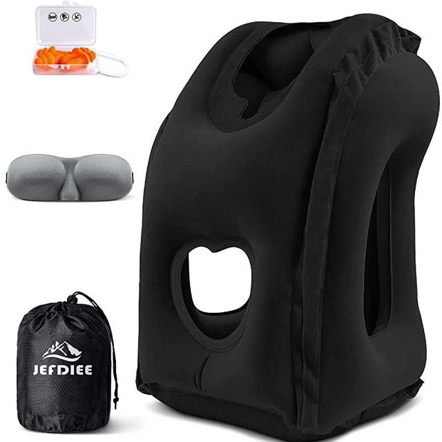 JefDiee Inflatable Travel Pillow, Airplane Neck Pillow Comfortably Supports Head and Chin for Airplanes, Trains, Cars and Office Napping with 3D Eye Mask, Earplugs and Portable Drawstring Bag (Black)