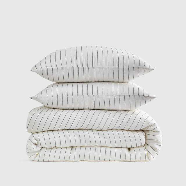 European Linen Stripe Duvet Cover Set - Pencil Stripe, Full/Queen