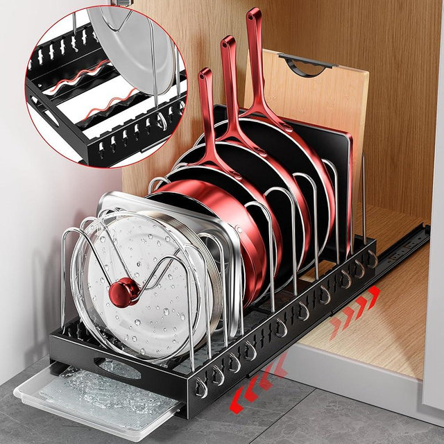 POKIPO Pull Out Pots and Pans Organizer for Cabinet, 20” Deep Sliding Lid Holder and Pan Rack with 10 Adjustable Dividers, Slide Out Pull Out Shelves for Kitchen Cutting Board Cookware Storage