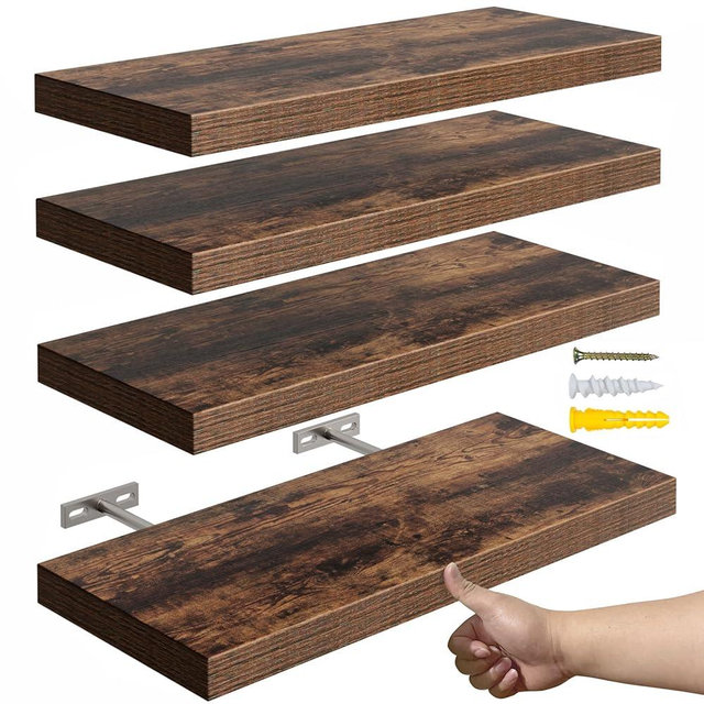YUFLINX Floating Shelves for Wall,16’’Rustic Wood Wall Shelf for Room Decor/Storage/Display,Book Shelf,Wall Mounted Hanging Shelves for Bedroom, Bathroom, Living Room, Kitchen(Rustic Brown,Set of 4)