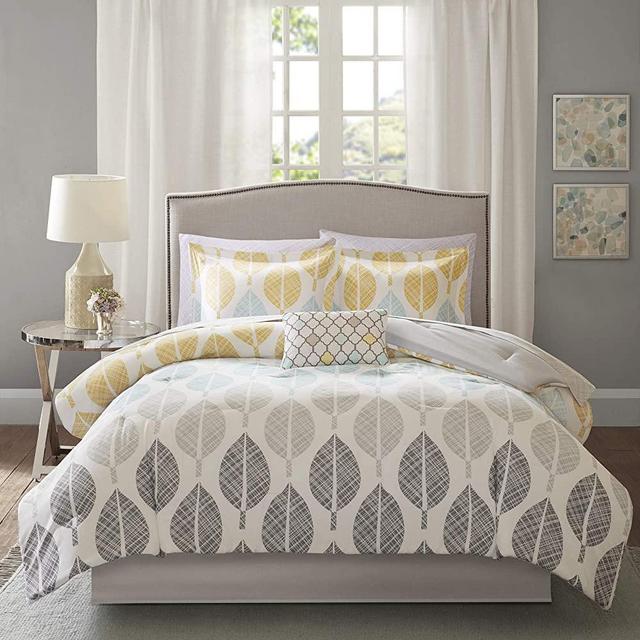 Madison Park Essentials Cozy Bed in a Bag Comforter, Vibrant Color Design All Season Down Alternative Cover with Complete Sheet Set, Full(78"x86"), Leaf Yellow/Aqua