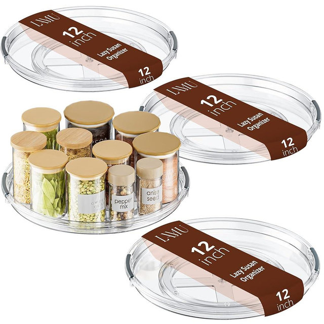 LAMU 12 Inch Lazy Susan Turntable, 360° Rotating Organizer Storage for Cabinet & Table Top, Pantry, Fridge, Bathroom, 4 Pack Clear Spice Rack, Kitchen Storage Tray for Medicine & Countertop