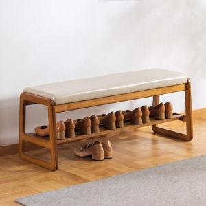 latifolia Shoe Bench, Solid Wood Shoe Bench with Cushion, 2 Tier Shoe Storage Bench for Entryway, Hallway, Living Room(Beige,39.70''L)
