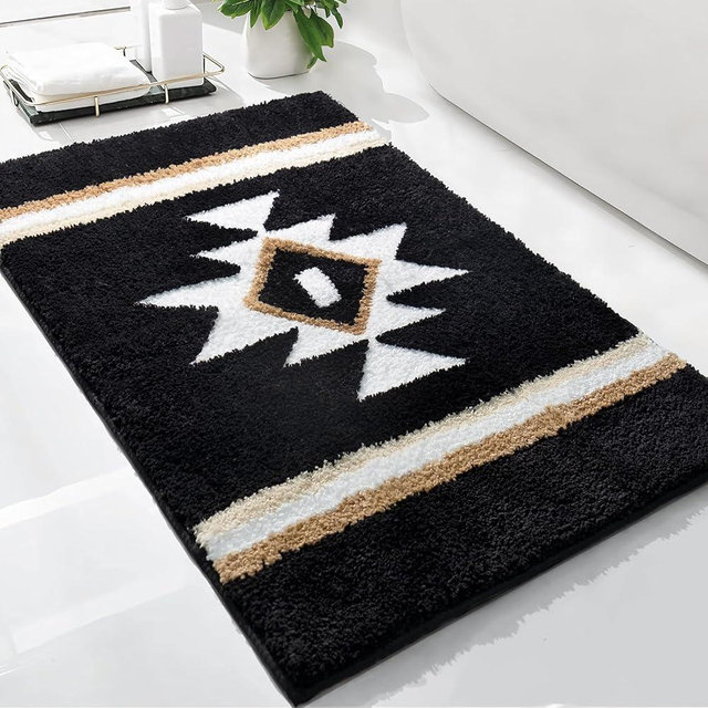TANVILL Boho Bathroom Rugs Black Bath Mat Non Slip Soft Absorbent Western Geometric Bath Rug Luxury Plush Floor Mat for Farmhouse Bathroom Shower Kitchen Modern Decor 24x36