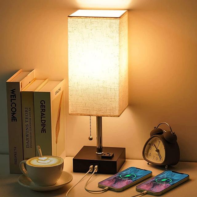USB Bedside Table Lamp, Golspark Minimalist Nightstand Lamp with Charging Ports, Lamps for Bedrooms, Fabric Linen Lamp Shade, Modern Desk Lamp with Pull Chain (Square Table lamp)