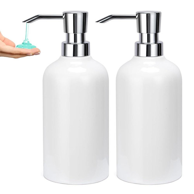 UHEY HOME Ceramic White Soap Dispenser Bathroom, 2 Pcs 16.9oz Hand Soap Dispenser for Kitchen, Hotel