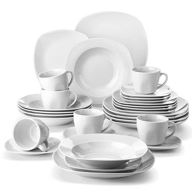 MALACASA 30-Piece Porcelain White Dinnerware Set,Serving Plates Dishes Set with Dinner Plates Soup Plates Dessert Plates Cups Saucers Service for 6, Gray White, Series Elisa