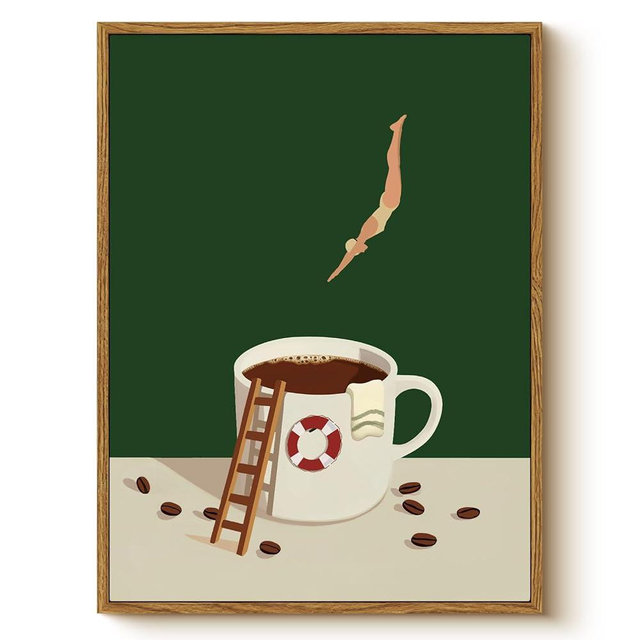 Humorous Swimming Diver Jumping into Coffee Cup Illustration Framed Wall Art, Whimsical Kitchen Decor 12x16 Inch Canvas Print, Funny Cafe Dining Room Office Bathroom Modern Artwork