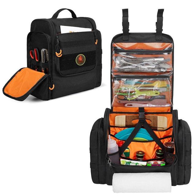 HODRANT Large Tactical Camping Kitchen Organizer, Hanging Cookware Storage Bag with Paper Towel Holder & Multi Pockets, Portable Camp Utensil Organizer for Outdoor BBQ Cooking Essentials, Bag Only