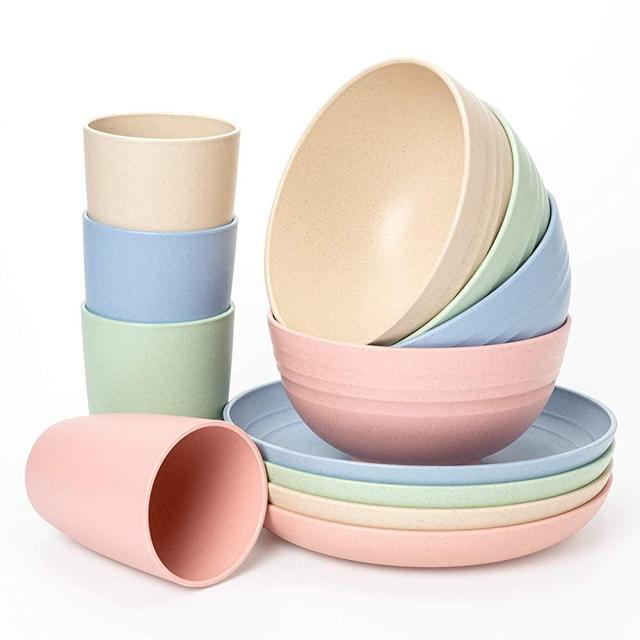Euodia Wheat Straw Plastic Dinnerware Sets for 4 (Dinner Plates, Bowls & Cups) -Dishwasher & Microwave Safe – Unbreakable Reusable Lightweight Eco Friendly & BPA Free - Kids Toddlers Elderly Adults