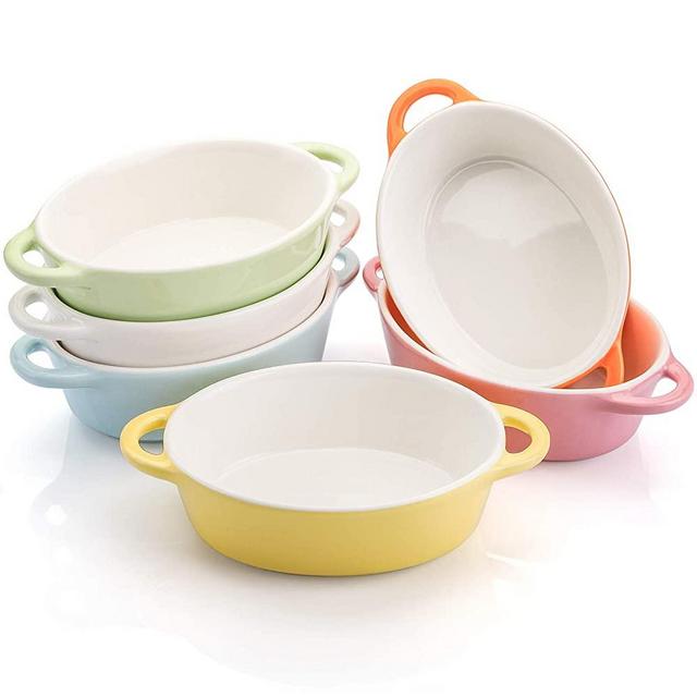 Foraineam 6 Colors Oval Porcelain Ramekins 10 oz Oven Safe Creme Brulee Souffle Baking Ramekin Dishes Bowl with Double Handles