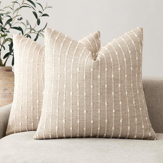 Foindtower Pack of 2 Decorative Jacquard Boucle Throw Pillow Covers Accent Textured Striped Pillowcases Soft Boho Modern Cushion for Couch Sofa Bedroom Living Room Home Decor 20x20 Inch Natural Beige