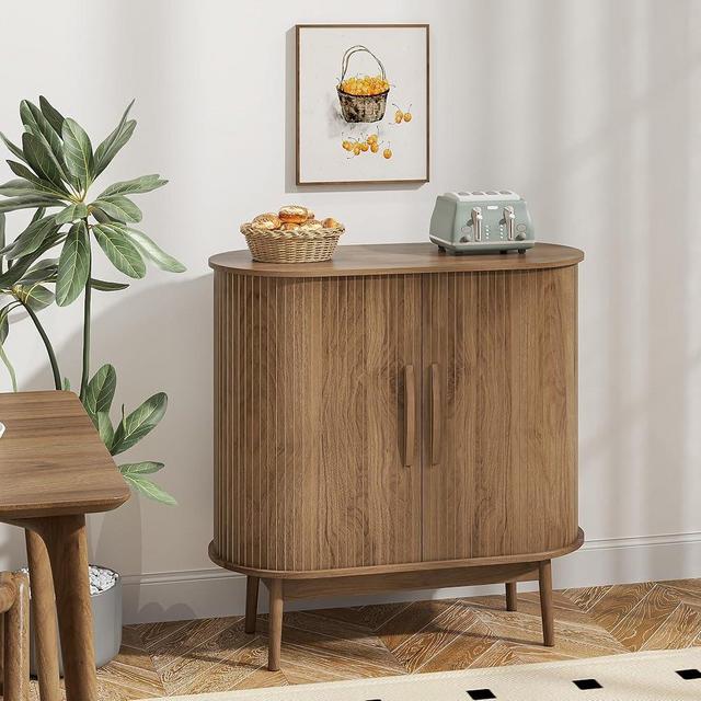 LUVIOHOME Accent Small Storage Cabine, Buffet Cabinet with Storage, Mid Century Modern Sliding Door Sideboard Cabinet for Kitchen, Entryway (Walnut)