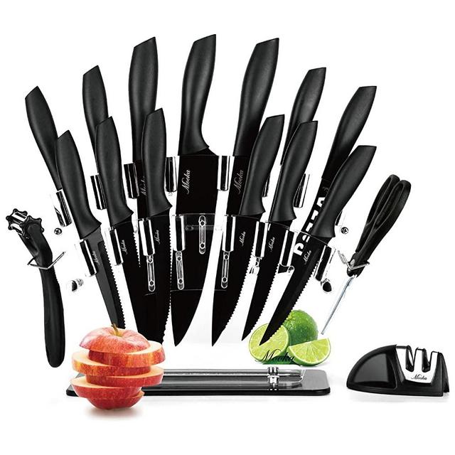Knife Set, 17 Pcs Kitchen Knife Set Dishwasher Safe, 13 Black Non-Stick Coating Stainless Knives, Knife Block Set with Acrylic Stand, Chef Knife, 6 Steak Knives, Scissors, Peeler and Knife Sharpener