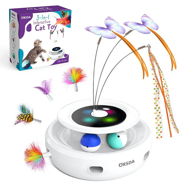ORSDA 3-in-1 Interactive Cat Toys for Indoor Cats 2000mAh Type-C Rechargeable Power Cat Toys Balls & Butterfly Cat Toy & Cat Feather Toy Auto On/Off, Cat Teaser with 6 Attachments