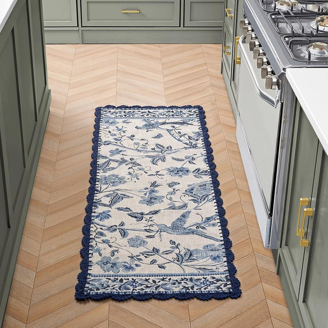 Laura Ashley Cotton Crochet Border Summer Palace Indigo Floral Machine Washable & Slip Resistant 1'8" x 5' Runner Rug