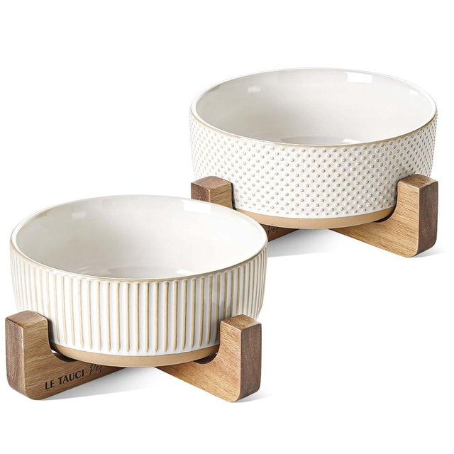 LE TAUCI PET Ceramic Dog Bowls for Medium Large Dogs - 5 Cup Large Dog Food and Water Bowls with Wood Stand, Cute Pet Dishes Set of 2, Lines+Dot