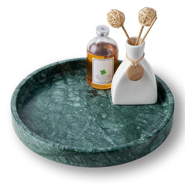 PHINILUX Italian 100% Marble Round Vanity Tray 10'', Decorative & Fruit Serving Trays for Bathroom, Kitchen, Nightstand, Jewelry Ring Dish Holder, Table Accents Decor, Green