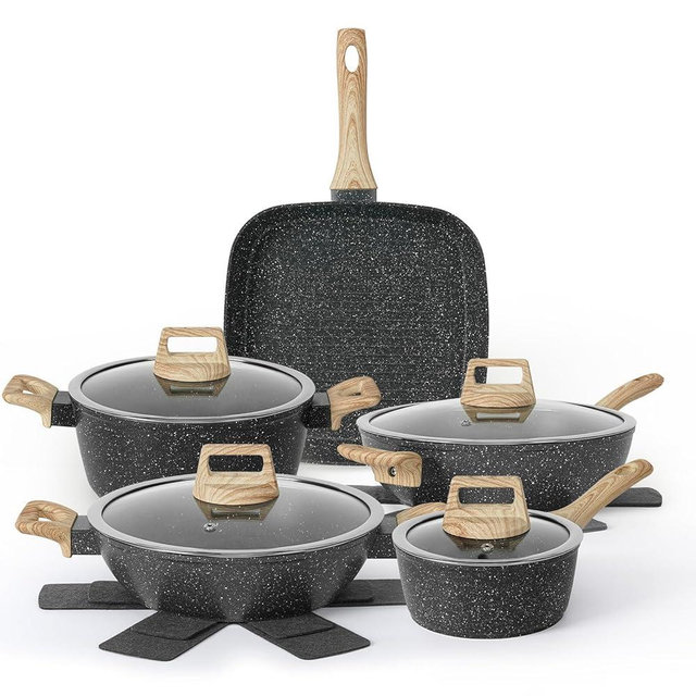 SODAY 13Pcs Pots and Pans Set Nonstick Cookware Sets, Black Granite Induction Cookware Non Stick Cooking Set with Frying Pans & Saucepans(Non PFOS, PFOA)