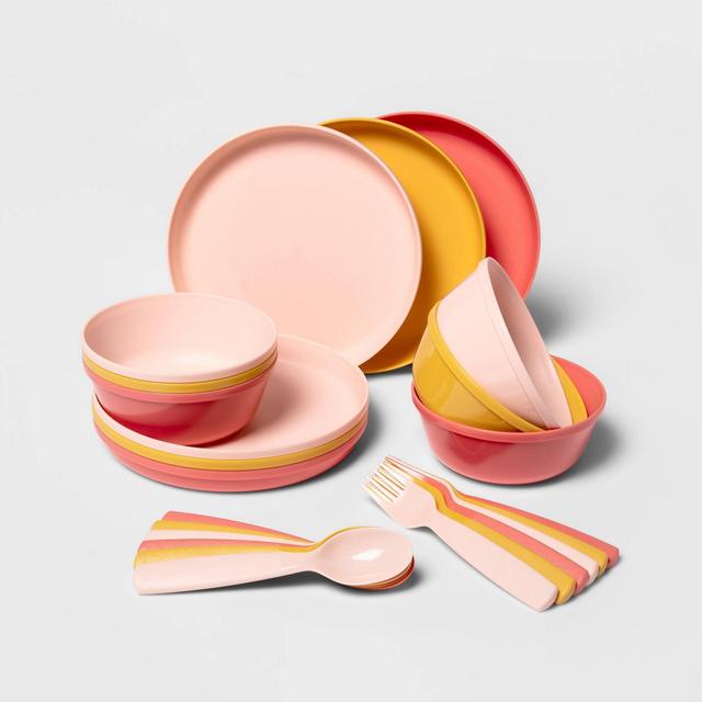 24pc Plastic Kids' Dinnerware Set Pink/Yellow - Pillowfort™