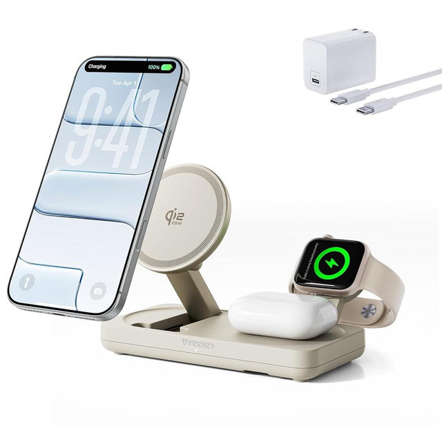 THREEKEY 3 in 1 iPhone 17 Charging Station,MagSafe Charger Compatible, Qi2 25W MFi Certified Wireless Charger Stand for iPhone 17/16/15/14/13/12, Apple Watch, AirPods(45W Adapter Included)