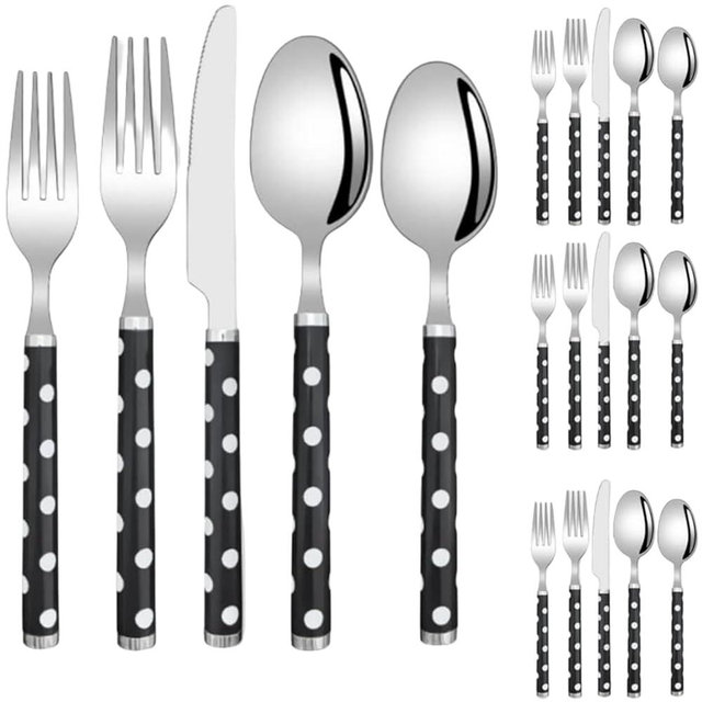 20 Pcs Silverware Set, Long Handle Thickened Design, Black White Polka Dot Pattern, 18/10 Stainless Steel Flatware For 4 People(Black)