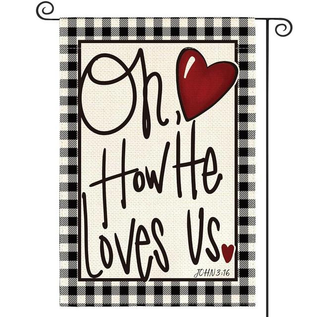 AVOIN colorlife Oh How He Loves Us Valentine's Day Garden Flag 12x18 Inch Outside Double Sided, Buffalo Plaid Rustic Yard Outdoor Decoration