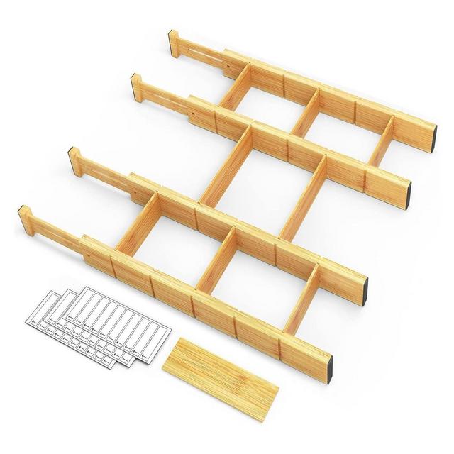 Patented Set of 4 Bamboo Expandable Drawer Dividers with Labels,with 9 Inserts -SpaceAid®