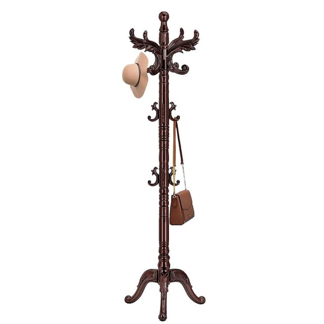 Waavryee Wooden Coat Rack Stand, Natural Birch Wood Coat Rack Freestanding with Triangular Base, Sturdy Solid Wood Coat Racks with 14 Hooks, Vintage Coat Hall Clothes Tree for Entryway, Office, Corner