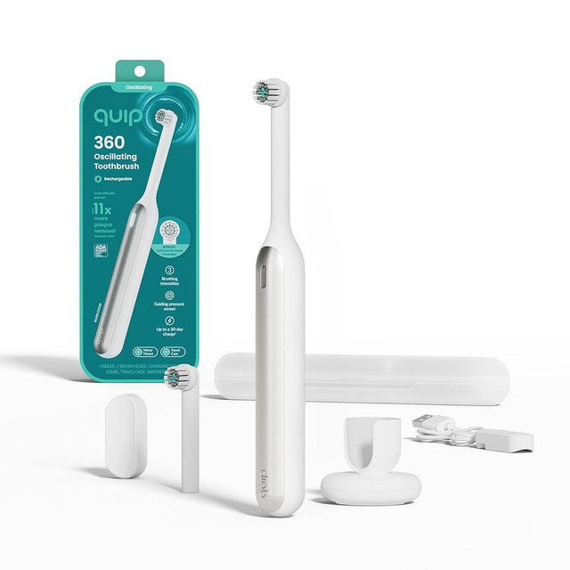 Quip 360 Oscillating Rechargeable Electric Toothbrush with Extra Brush Head - Soft Bristles, Pressure Sensor, 3 Intensities, 30-Day Battery Life, 2-Min Timer, Travel Case, Mirror Mount - Silver Cloud