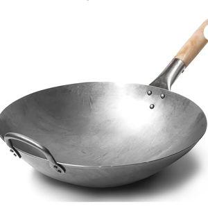 Chinese Wok with a lid and a Spatula stir-fry pan deep fryer Cast Iron 18.11 Inches Round Bottom Pot Uncoated for Open Fire not easy to rust not easy to stick and durable for about 5-18 people