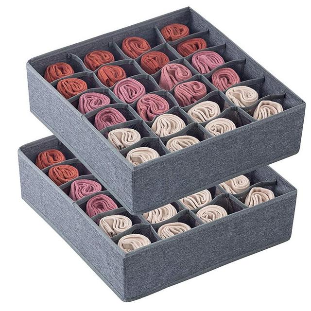 Qozary 2 Pack Socks Underwear Drawer Organizer Divider, 24 Cell or 16 Cell Collapsible Cabinet Closet Organizer Storage Boxes for Clothes, Socks, Lingerie, Underwear, Ties (24 Cell, Dark Grey)