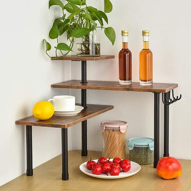 BCOZLUX Kitchen Countertop Organizer, 3 Tier Corner Shelf for Space Saving, Bathroom Counter Storage Shelf, Spice Rack with Hooks, Industrial Style, Stable Metal Frame, Easy Assembly, Rustic Brown