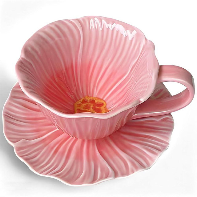 JUSONEY 11.8 oz Tea Cups and Saucers, Ceramic Flower-shaped Cappuccino Cup, Latte Cup and Saucer set, elegant floral Espresso Cup set, cups are microwave and dishwasher safe-Pink