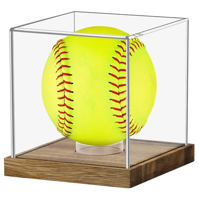 Clear Acrylic Softball Display Case with Wood Base, Memorabilia Stand Cube Holder, Dust Protection Transparent Storage Box for Single Ball Souvenir Softball Collections