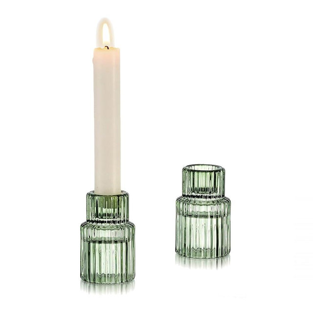 Glasseam Taper Glass Candlestick Holder: Green Candle Stick Holders Set of 2 Small Candle Holders for Candlesticks Vintage Crystal Tapered Candle Holder for Wedding Table Centerpiece Christmas Advent