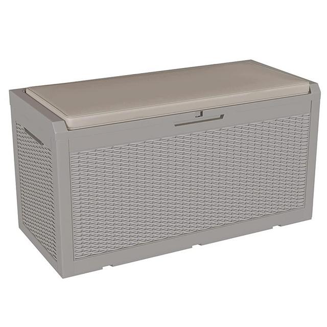 Greesum 100 Gallon Resin Deck Box Large Outdoor Storage with Seat Cushion for Patio Furniture, Garden Tools, Pool Supplies, Weatherproof and UV Resistant, Lockable, Light Brown