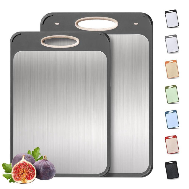 2 in 1 Stainless Steel Cutting Board with Handle 2 Packs Large Big Small Metal Meat Butcher Block Not Titanium Madera Glass Marble Stone Kitchen Tablas Cocina Cortar Picar Regalos Mujer Mama Abuela
