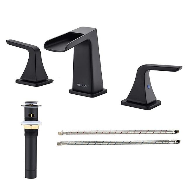 NEWATER Two-Handle Waterfall 8-Inch Widespread Bathroom Sink Faucet Three Hole Lavatory Faucet with Metal Pop-up Drain Assembly & Supply Lines，Matte Black