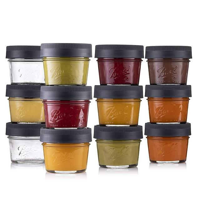 Glass Food Storage Containers 4 oz. [12 Pack] Small Food Jars with Airtight BPA Free Plastic lids - For Food, Oats, Dips/snacks, Etc. Microwave/Dishwasher Safe + SEWANTA Jar Opener