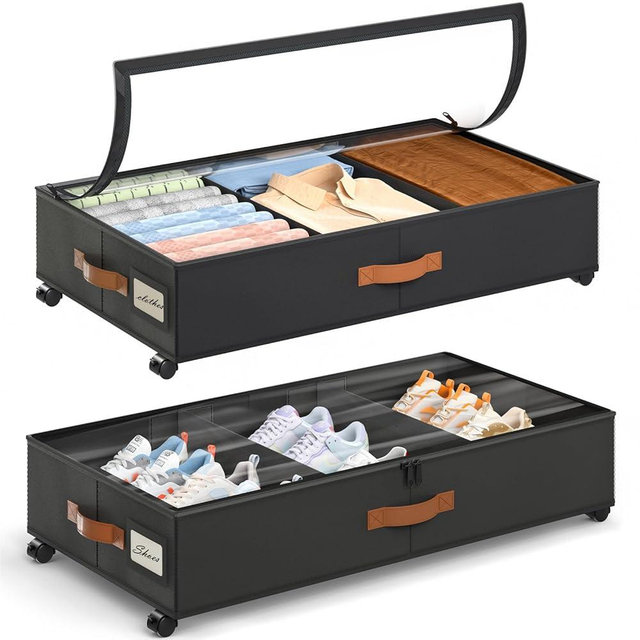 Yecaye Under Bed Storage with Wheels, 2 Pack Under Bed Storage Containers with Adjustable Dividers & Clear Window, Rolling Underbed Organizer Bins Drawers for Clothes, Shoes, Blankets, Black